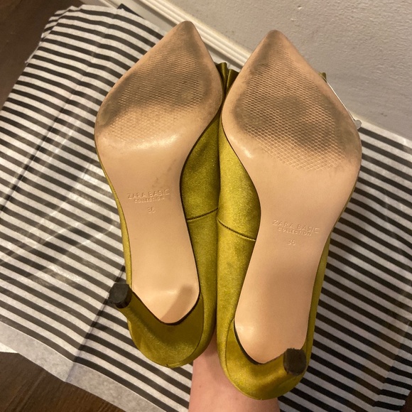ZARA BASIC CHARTREUSE SATIN BOW HEELS SZ 36 SATEEN FORMAL WEDDING TUXEDO CHURCH - Picture 13 of 16